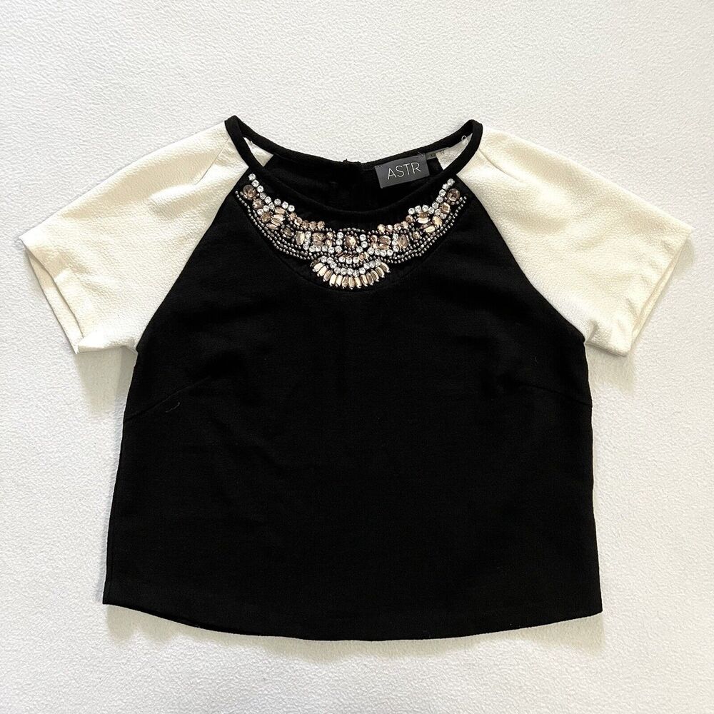 ASTR The Label Ivory Black Rhinestone Embellished Button Short Sleeve Shirt XS